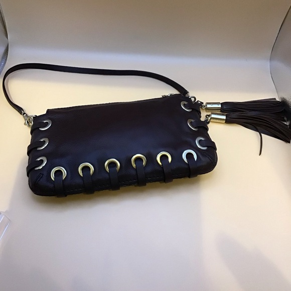 MICHAEL KORS DARK EXPRESSO BROWN  SOFT LEATHER CLUTCH WITH 2 TASSEL WEAVE BOTTOM - Picture 4 of 14